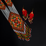 Handmade White and Red Seed Bead Long Necklace Bohemian Style with Fringe Earrings